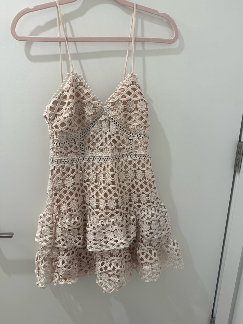 Lulus Lace Crochet A-Line Mini Dress in Blush